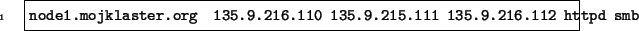 \begin{code}
node1.mojklaster.org 135.9.216.110 135.9.215.111 135.9.216.112 httpd smb
\end{code}