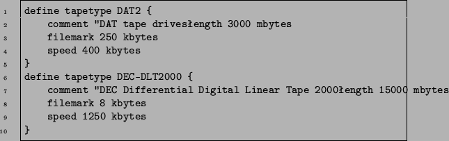 \begin{code}
define tapetype DAT2 {
comment ''DAT tape drivesength 3000 mbytes...
... Tape 2000ength 15000 mbytes
filemark 8 kbytes
speed 1250 kbytes
}
\end{code}